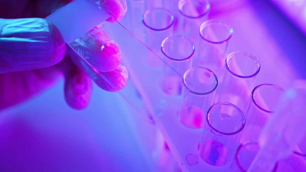 Gloved Hand Pipetting Sample onto Microscope Slide in Laboratory