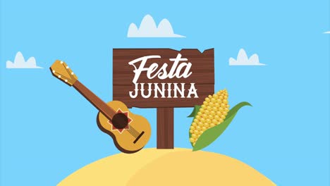 animación de letras de festa junina con guitarra y mazorcas de maíz