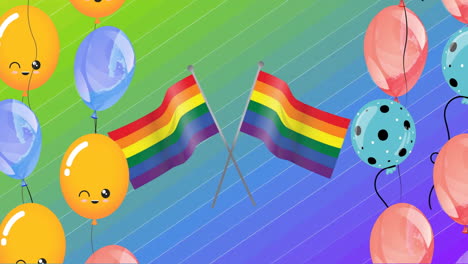 animación de globos alegres y coloridos y banderas arco iris en fondo arcoirísimo