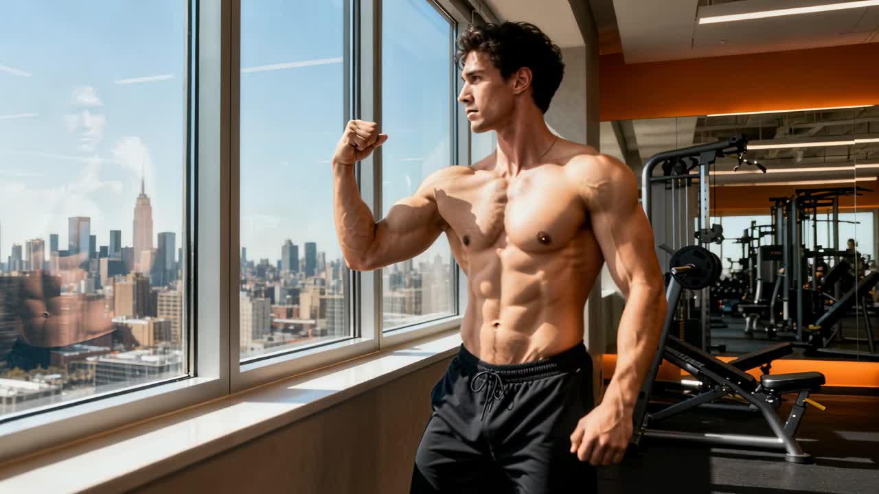 Mirando el reflejo en la ventana, modelo sin camiseta en pantalones cortos negros posando y flexionando para mostrar músculos en el gimnasio