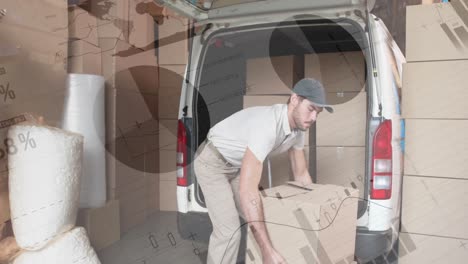 statistical data processing against caucasian delivery man stacking boxes in his delivery van