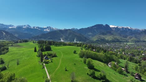 aerial view of a lush green valley with snow-capped mountains and a village under a clear blue sky