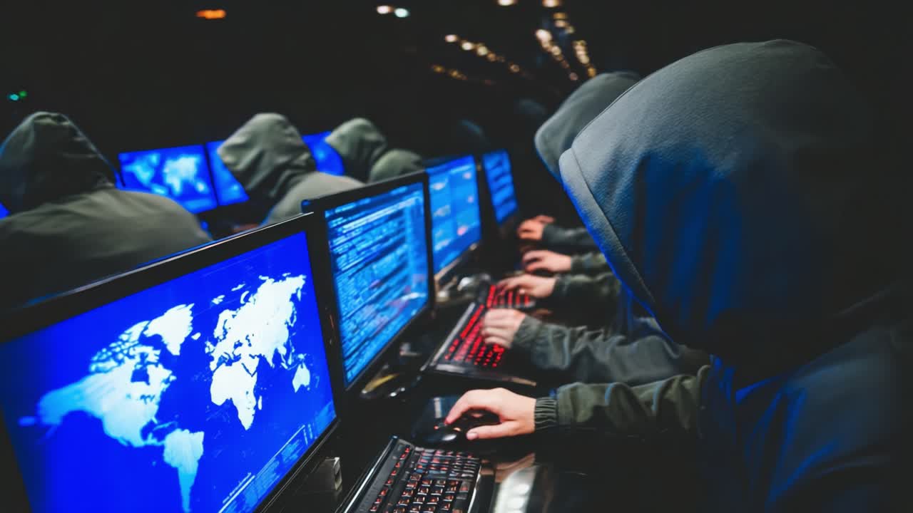 A group of individuals in hooded attire working intently at computers illuminated by glowing screens, showcasing an environment of cyber activities and digital interactions
