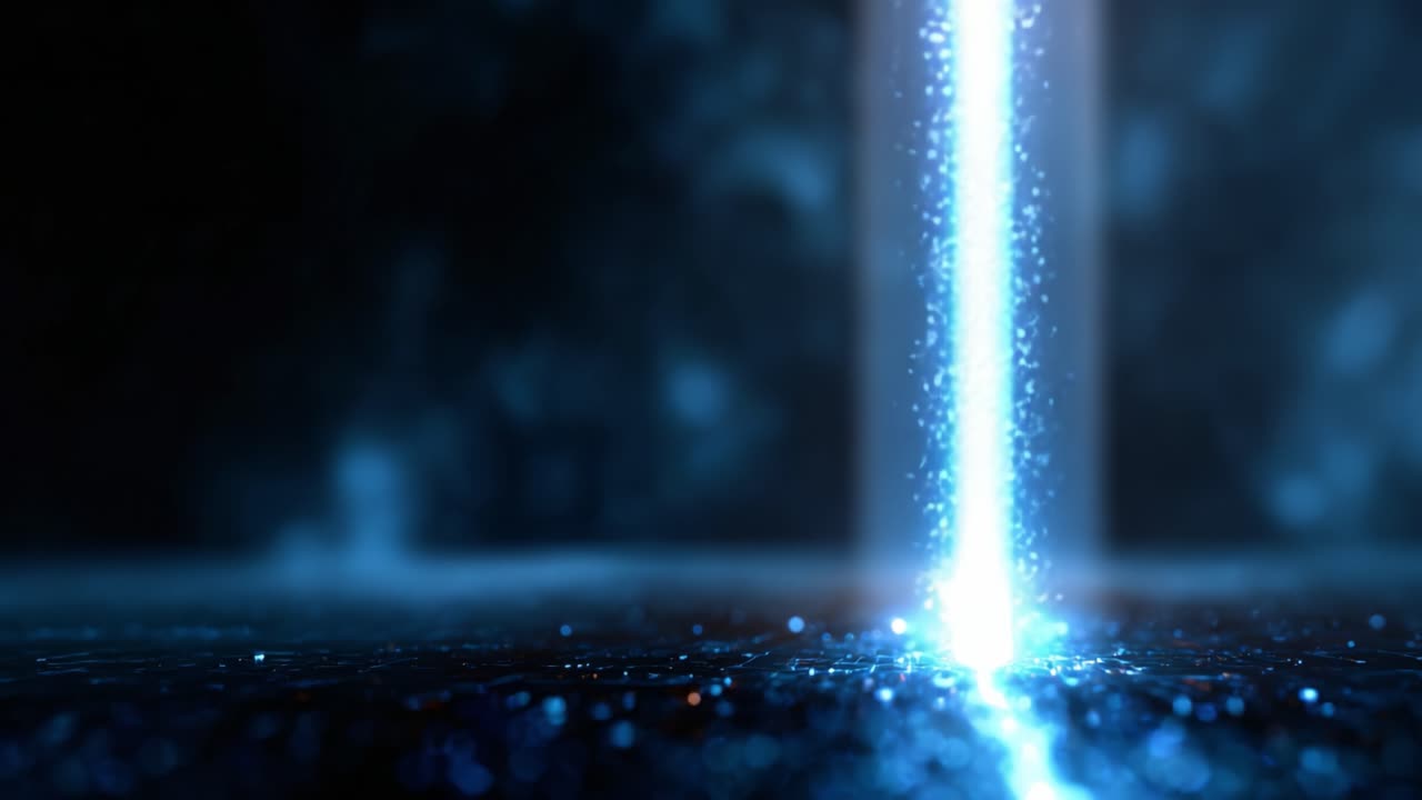 A mesmerizing visual of shimmering particles cascading from a bright beam, creating a captivating display of lights and reflections in a dark, ethereal environment
