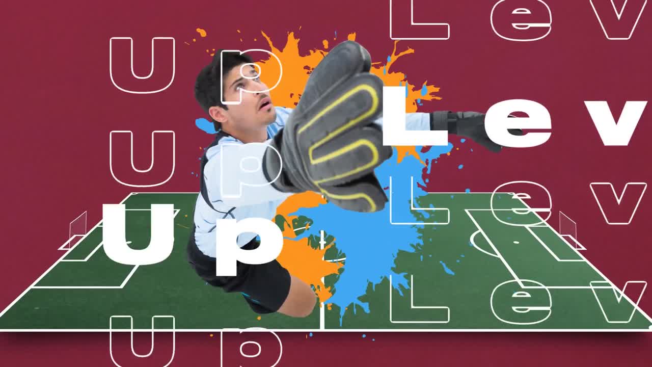 Animação das palavras "level up" sobre um guarda-redes com salpicos azuis e laranja num campo de futebol