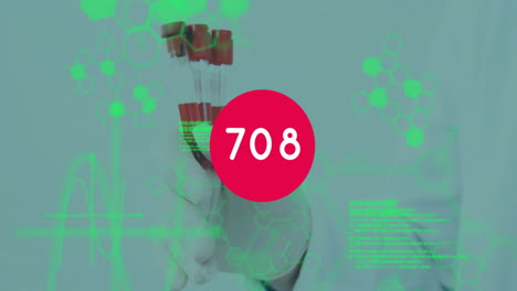 Medical technician holding blood vials in lab, showing molecular structure and ECG waveform