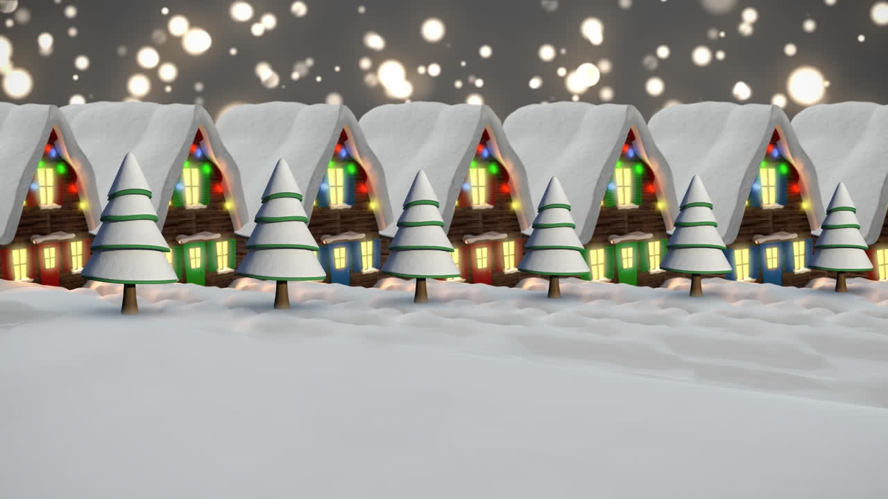 요정의 불빛으로 집 위에 내리는 눈의 애니메이션