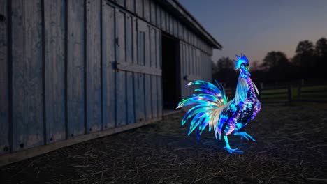 glowing rooster in a barn at dusk