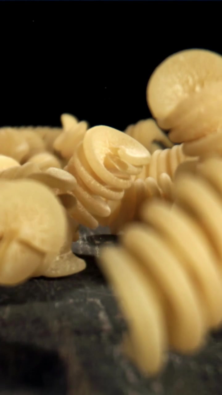 Close-up of Raw Spiral Pasta Falling on a Dark Surface in Slow Motion