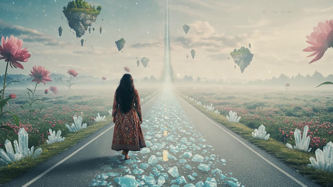 A Journey Through a Dreamlike Landscape: A Sole Traveler Navigates a Mystical Road Flanked by Sparkling Crystals and Enchanted Floating Islands