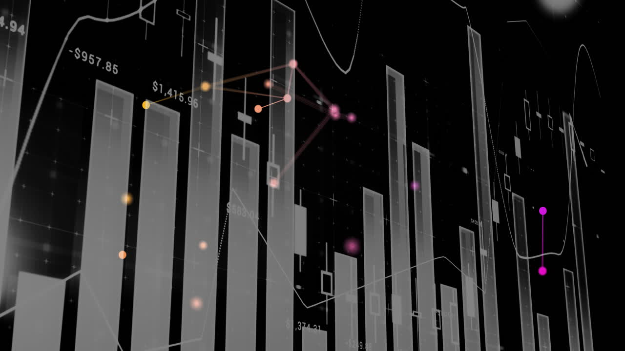3D bar graphs and data points animation over black background