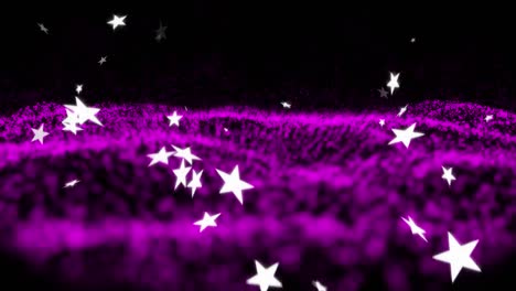 digital animation of multiple star icons falling against purple digital waves on black background