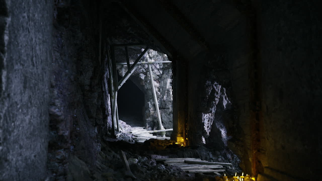 Portal subterrâneo gelado, um arco de pedra antigo conduz à escuridão.
