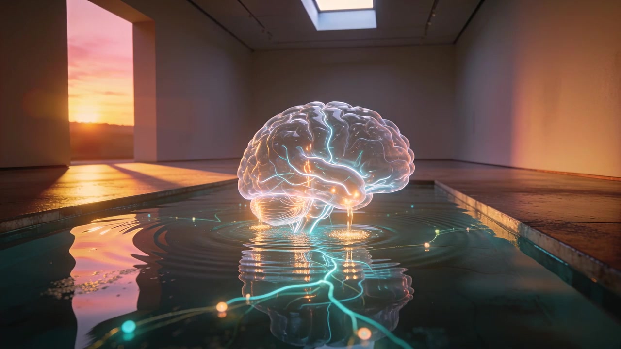 Cervello olografico pulsante che reagisce al sole, inviando filamenti in una piscina riflettente, creando increspature