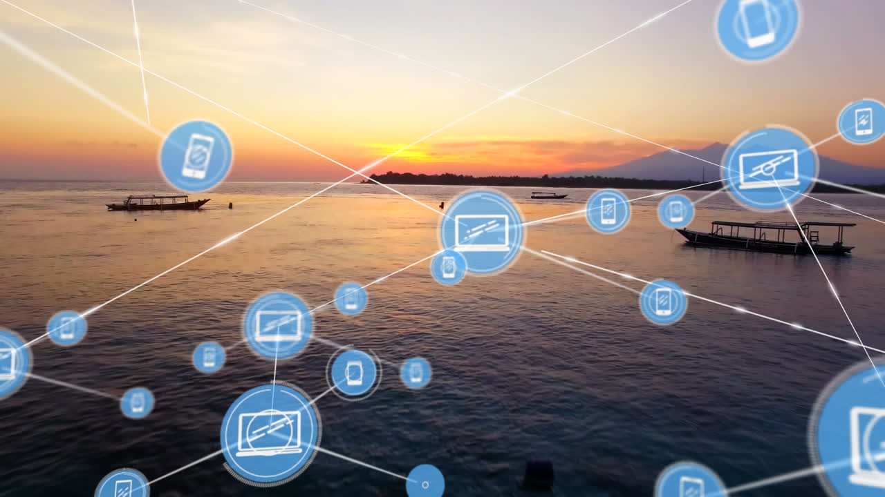 풍경 위의 아이콘으로 연결된 네트워크의 애니메이션