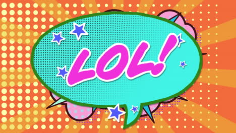 오렌지색 배경의 점 줄 패턴에 대한 레트로 음성 거품 위의 lol 텍스트의 애니메이션