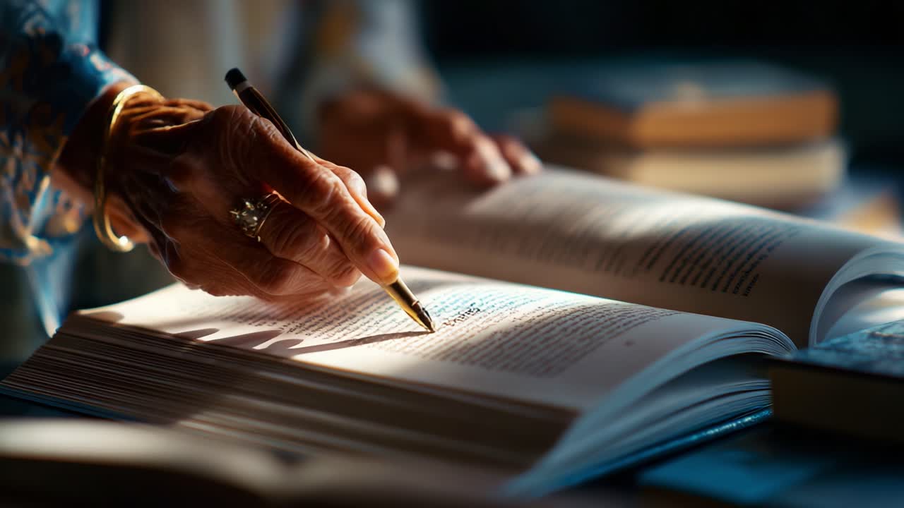 An elderly person passionately engaged in the art of writing, capturing the importance of literature and knowledge with a pen poised over an open book filled with meaningful text