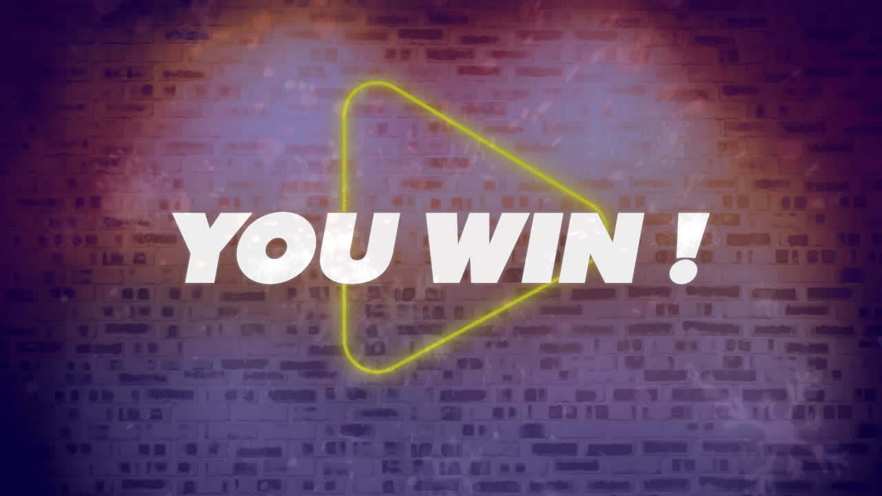 벽돌 벽 배경에 네온 플레이 아이콘을 통해 다채로운 텍스트 배너를 이길 수 있습니다.