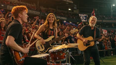 energetic band performance captivates crowd at a vibrant event, showcasing talented musicians playing guitar, bass, and drums amidst enthusiastic fans and celebration