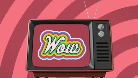 animation of retro wow rainbow text over vintage tv set and pink circular  stripes in the background