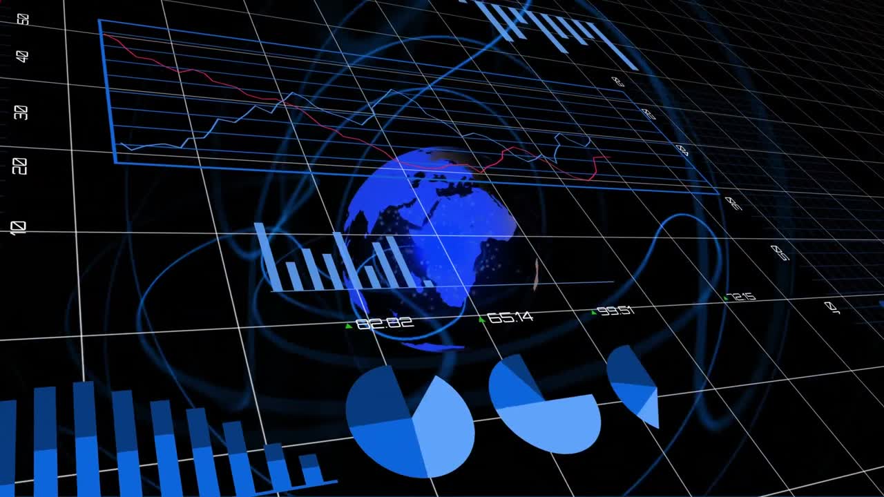 Animation of financial data processing with statistics over globe