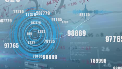 animación del escaneo del alcance, el procesamiento de datos y los números que cambian sobre un fondo azul