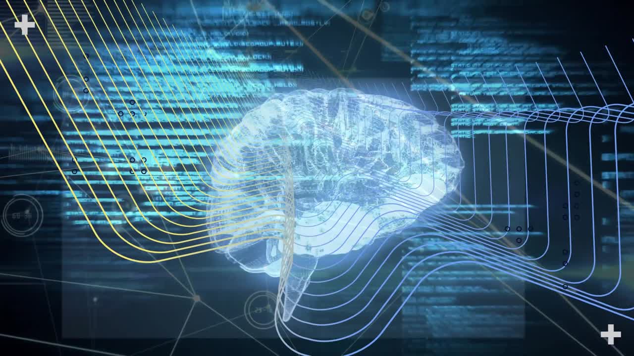 Streaming code behind 3D brain initiating waveforms flowing across rotating model visualizing data