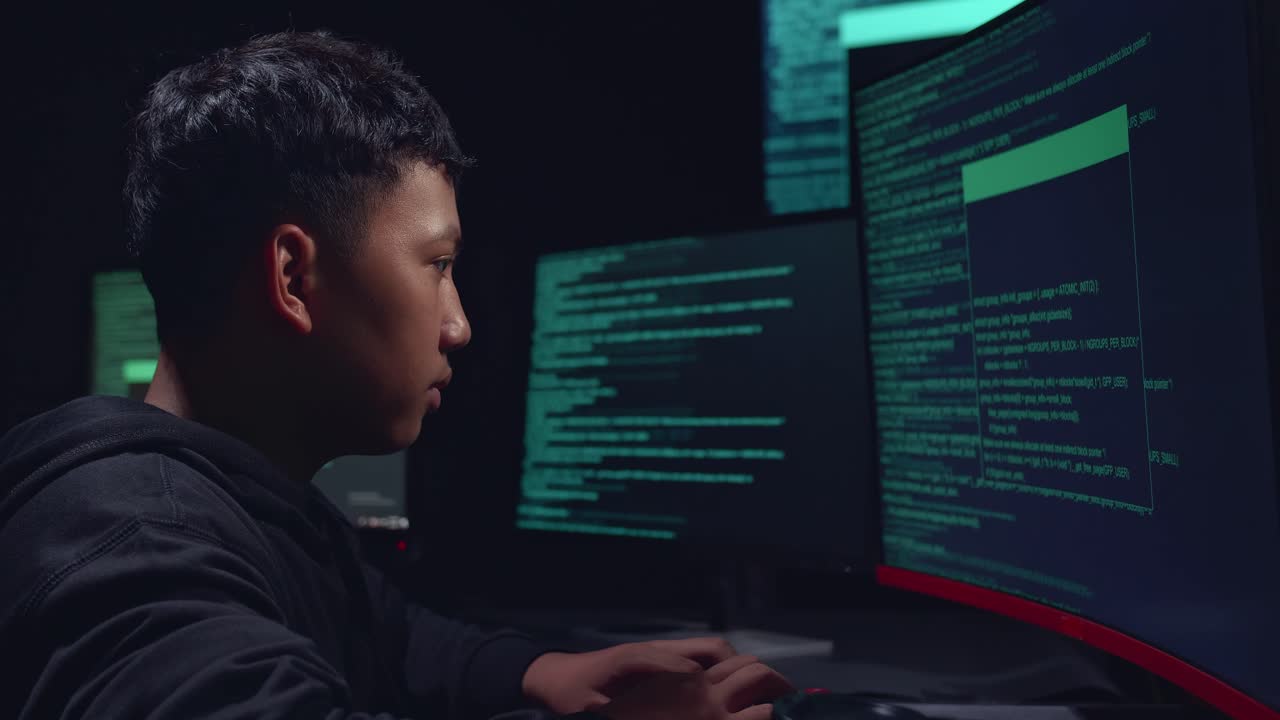 Asian Boy Hacker Hacking With Multiple Computer Screens In Dark Room