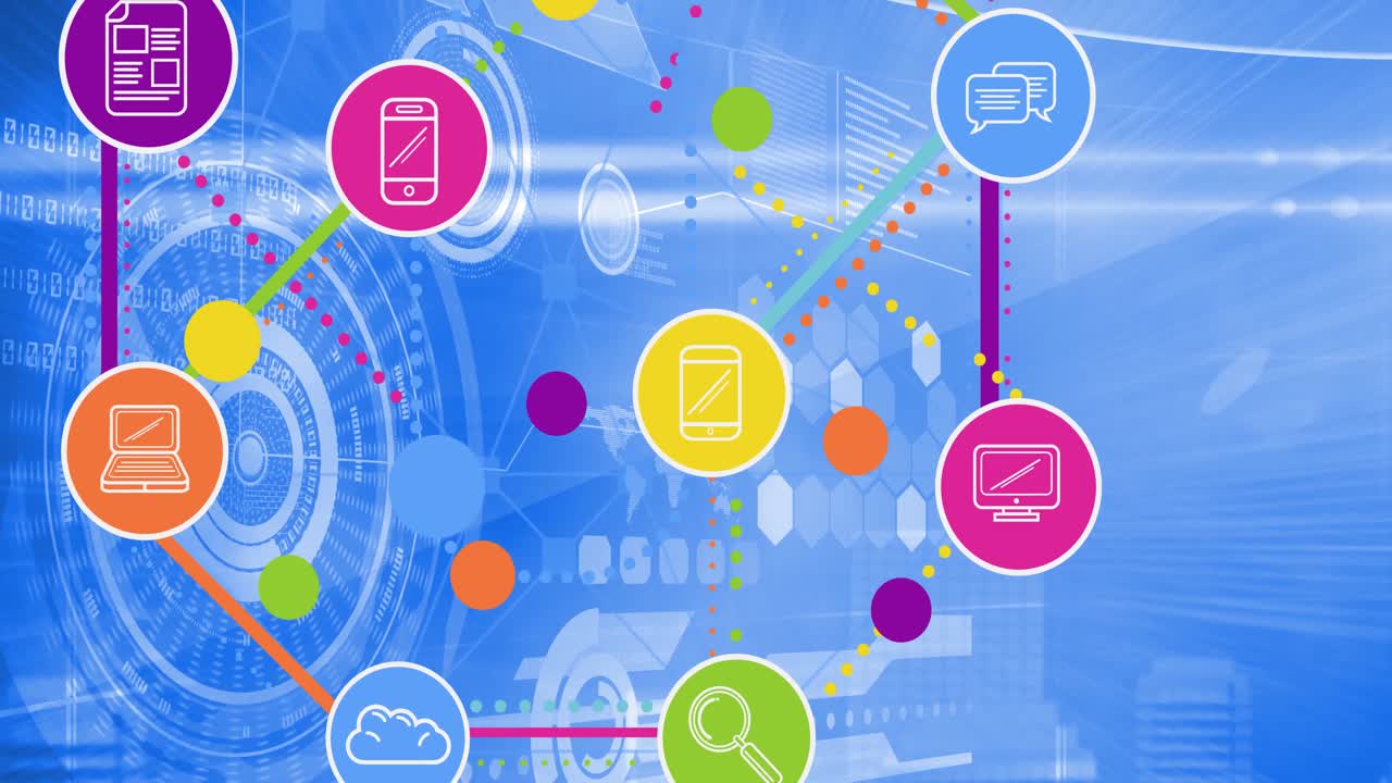 백그라운드에서 데이터 처리를 통해 디지털 아이콘으로 연결 네트워크의 애니메이션