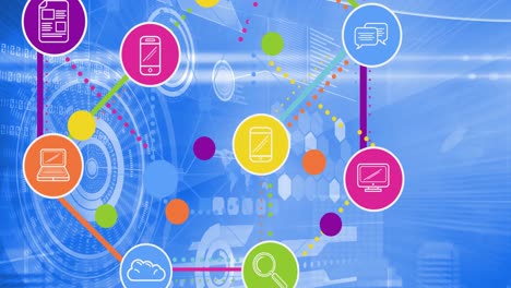 animación de la red de conexiones con iconos digitales sobre el procesamiento de datos en segundo plano