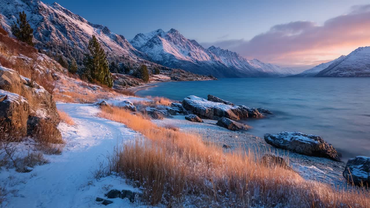 Paesaggio invernale mozzafiato con montagne innevate, un lago sereno e una vegetazione rigogliosa illuminata dal caldo bagliore del tramonto e acque calme