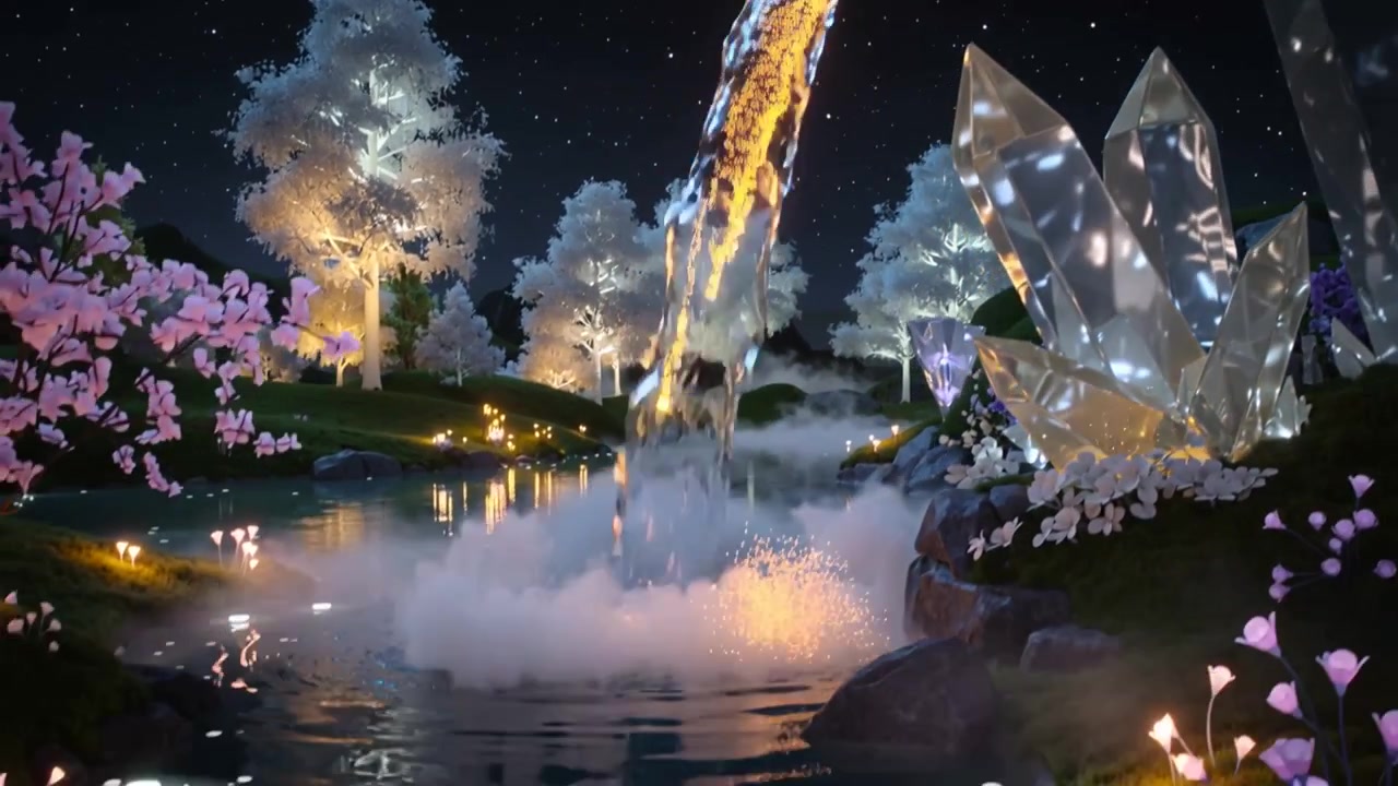 夜、2つの流れが池に降り注ぎ、温かい水しぶきと霧を立て、クリスタルクラスターを照らす。