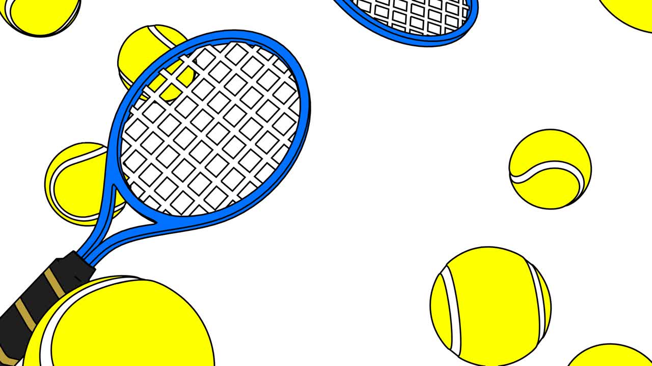 색 배경에 색 테니스 공과 파란색 테니스 래켓이 있습니다.