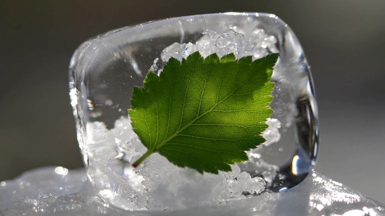 Sich verlagerndes Licht wirft Glanzlichter auf einen Eiswürfel auf einem gefrorenen Tablett, wobei grüne Blattadern sichtbar werden.