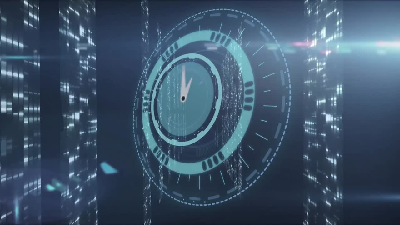 Animation of clock ticking and data processing over computer servers