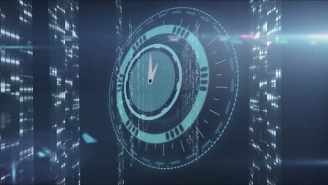 Animation-Des-Tickens-Einer-Uhr-Und-Der-Datenverarbeitung-über-Computerserver