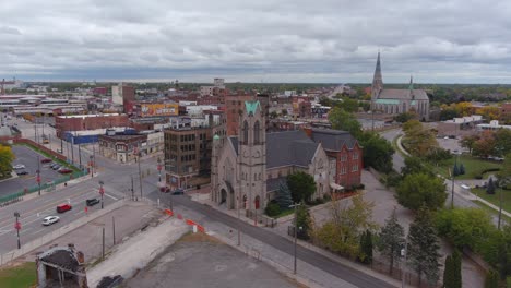 drone view of gratiot avenue in and surrounding area in detroit, michigan