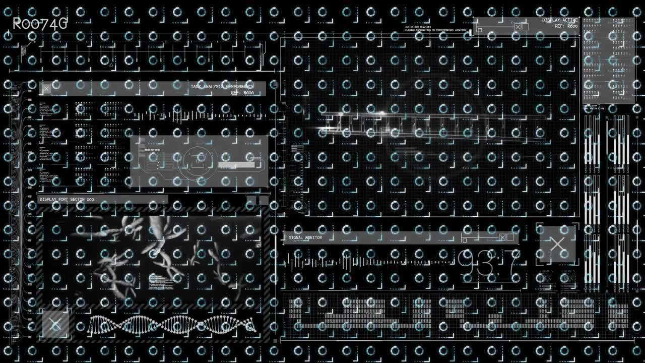 검은 바탕에 회전하는 부하 원 위의 데이터 처리의 애니메이션