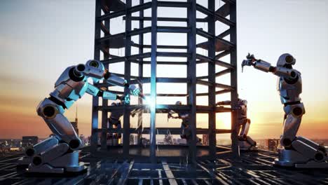 robotic duel at sunset: a futuristic skyscraper scene where advanced robots engage in a high-stakes showdown, showcasing technology and precision in urban environments