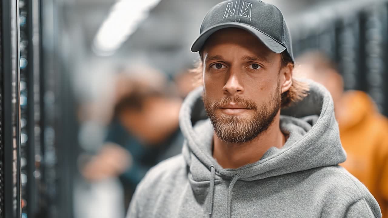 A Thoughtful Moment: A Young Man with a Beard and Cap Reflects Amidst a Busy Environment, Conveying Emotion and Depth in a Modern Setting