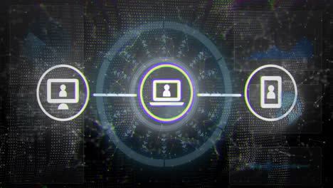 Digital network connection animation with user icons over world map background