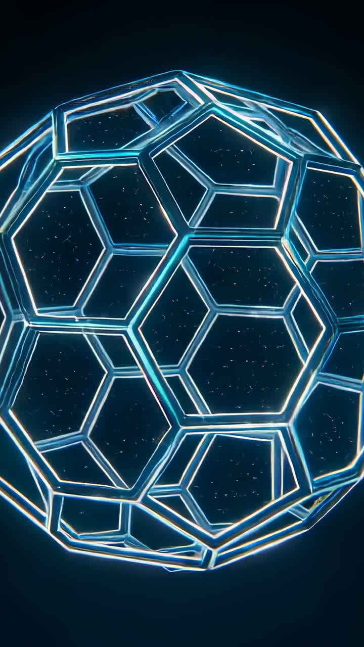 Vídeo vertical: reprodução inicial mostrando uma buckyball brilhante girando em um vazio escuro com pontos internos