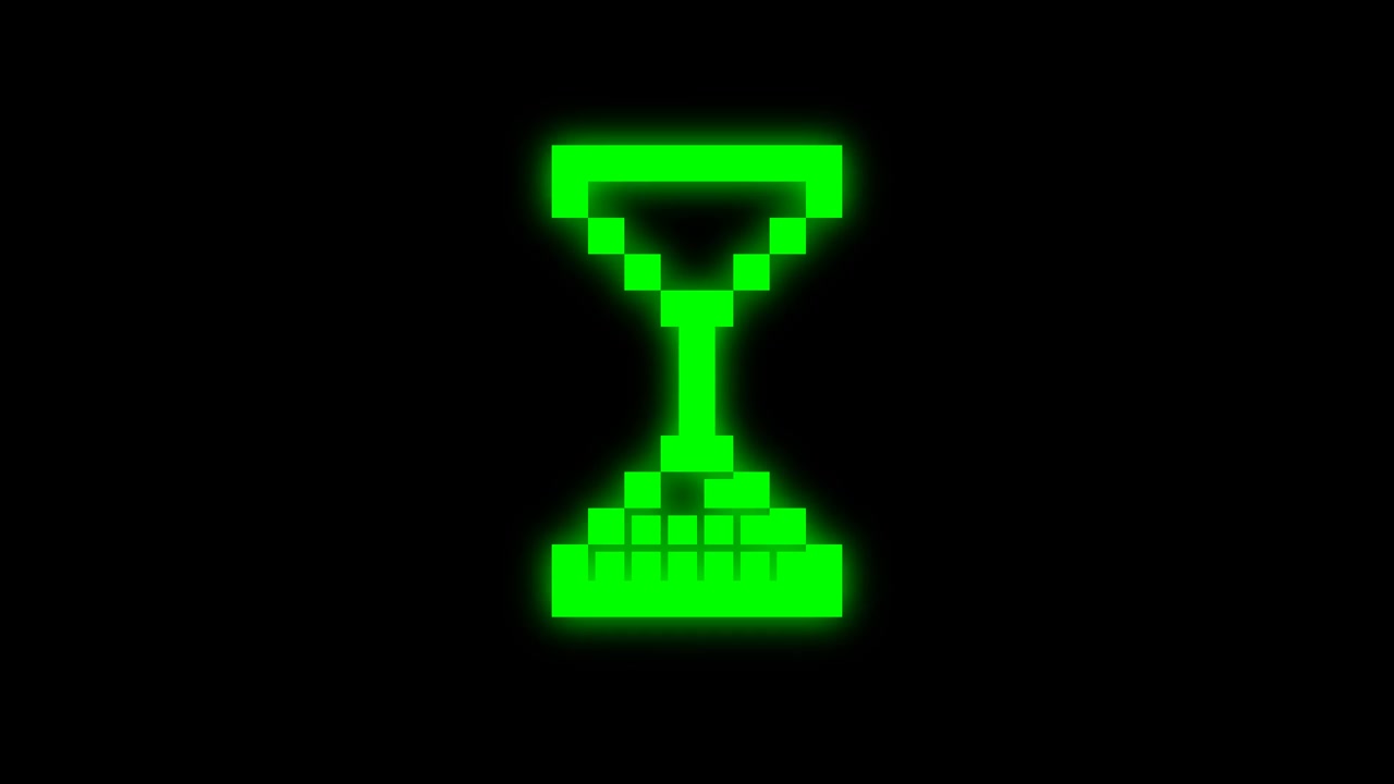 Animazione a clessidra in pixel art rotante su sfondo nero