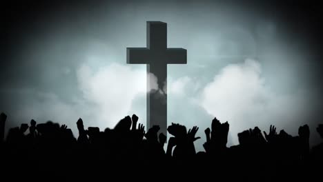Animation-of-Christian-cross-over-grey-clouds-and-glowing-spotlights-and-silhouettes-of-crowd-of-peo