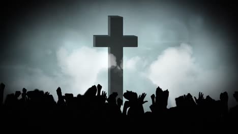 animation of christian cross over grey clouds and glowing spotlights and silhouettes of crowd of peo