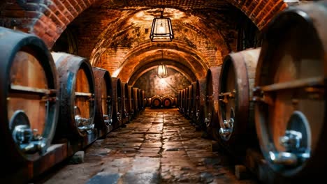 a row of wooden wine barrels lined up in a wine cellar