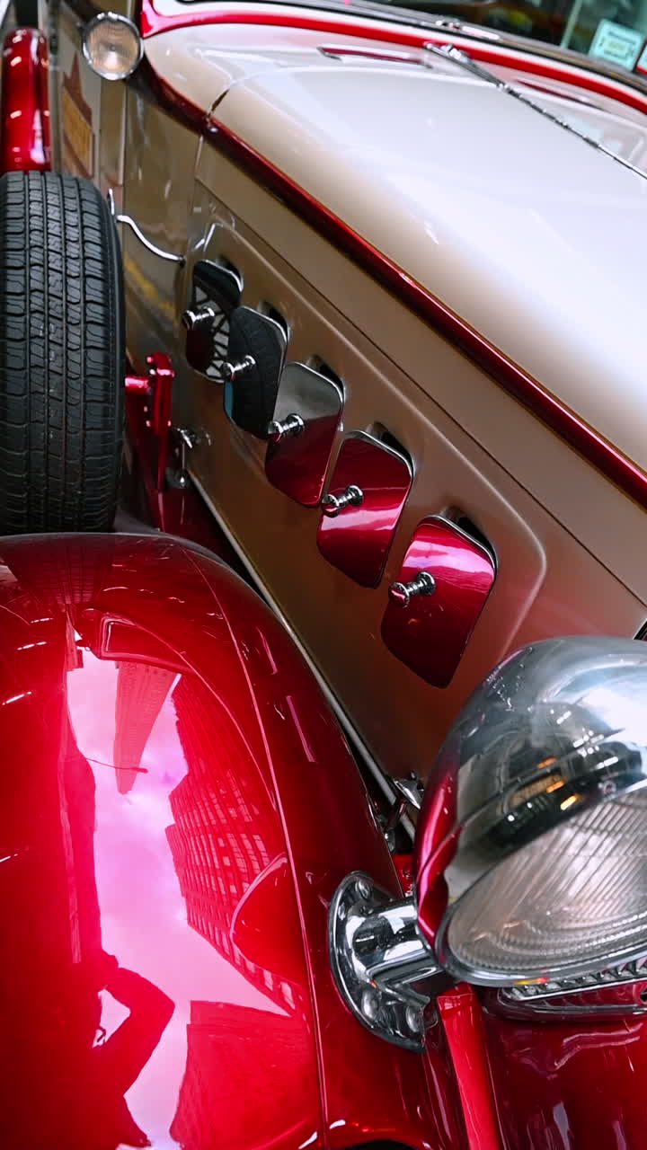 New York, USA, 1 agosto 2025: primo piano dei dettagli di un'auto d'epoca a New York. Auto d'epoca rossa e crema lucida che riflette i grattacieli di New York
