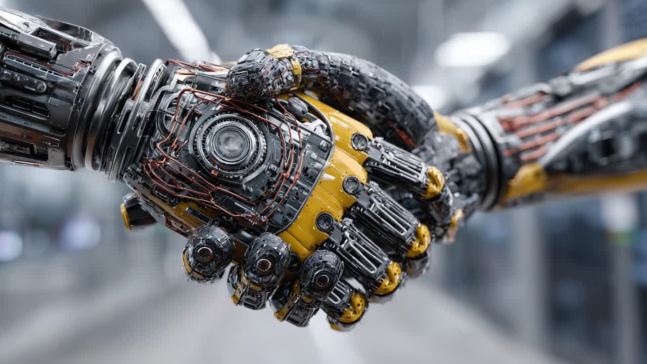 A close-up view of two advanced robotic hands engaging in a firm handshake, showcasing intricate mechanical designs and vibrant circuitry set against a blurred industrial background