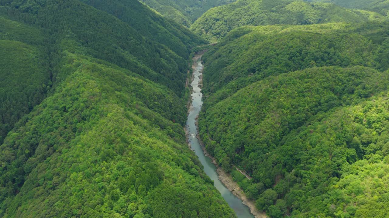 Aerial wide panoramic landscape of Kyoto Hozu River between lush green mountains