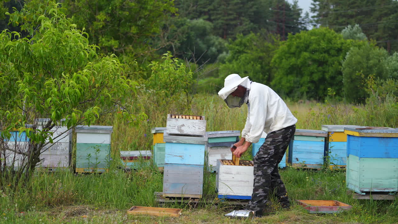 Beekeeper in protective workwear. Hives background at apiary. Man works on the apiaries in the spring.